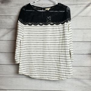 NWT Maison Jules Lace Yoke Black Lace White Black Stripe Top Womens Lg‎